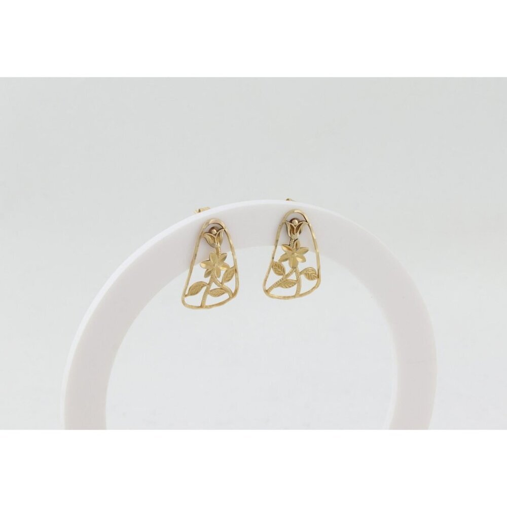 14k Yellow Gold Flower Floral Design Earrings Stud Post 3/4" x 1/2" - Picture 6 of 10